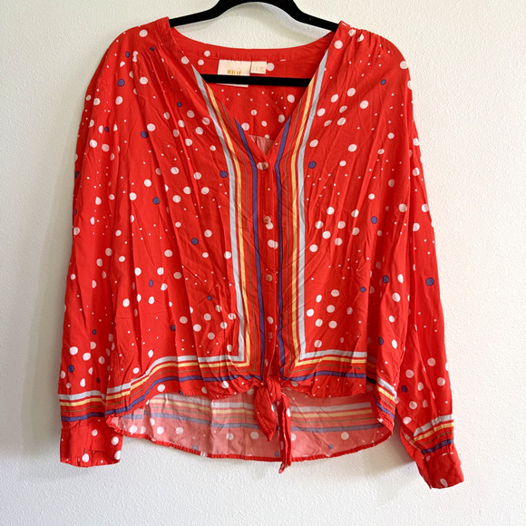 Anthropologie Maeve Elan Scarf Shirt Size 16 Button Tie Front Top Orange dots - Picture 2 of 6